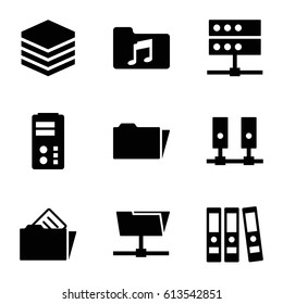 Archive icons set. set of 9 archive filled icons such as music folder, folder, document in folder, binder, server
