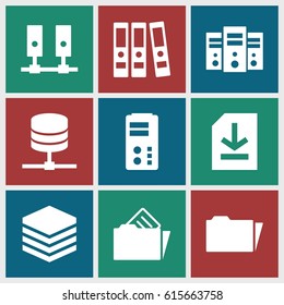 Archive icons set. set of 9 archive filled icons such as folder, file, document in folder, binder, server