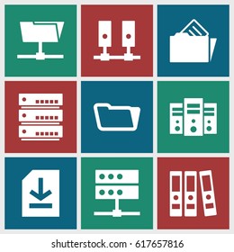 Archive icons set. set of 9 archive filled icons such as folder, file, document in folder, binder