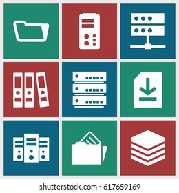 Archive icons set. set of 9 archive filled icons such as folder, file, document in folder, binder, server