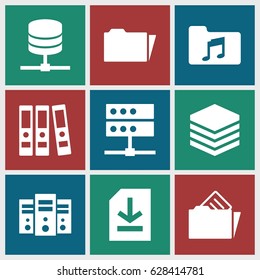 Archive icons set. set of 9 archive filled icons such as music folder, folder, file, document in folder, binder, server
