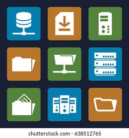 Archive icons set. set of 9 archive filled icons such as folder, file, document in folder