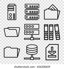 Archive icons set. set of 9 archive outline icons such as folder, file, document in folder, server