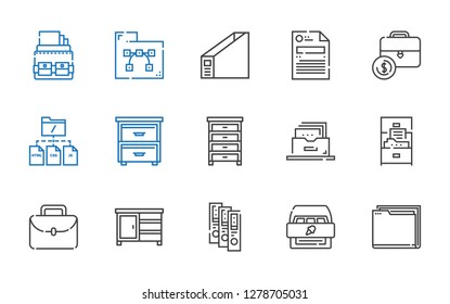 archive icons set. Collection of archive with folder, cabinet, binder, drawer, portfolio, filing cabinet, file. Editable and scalable archive icons.