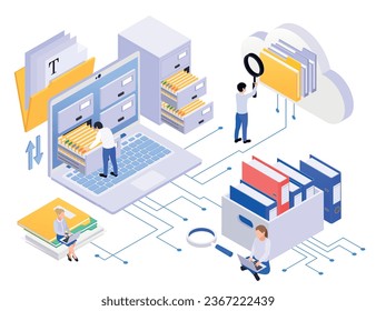 Archive isometric composition with people processing documents on laptop vector illustration