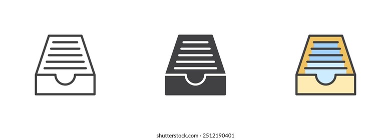 Conjunto de ícones de estilo diferente da caixa de correio de arquivo morto. Linha, glifo e preenchido esboço versão colorida, contorno e sinal de vetor preenchido. Símbolo, ilustração de logotipo. Gráficos vetoriais