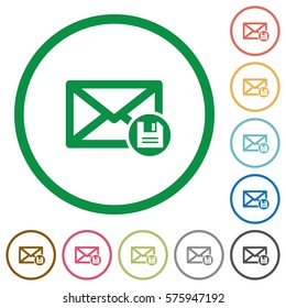 Archive mail flat color icons in round outlines on white background