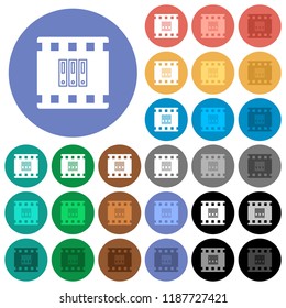 Archive movie multi colored flat icons on round backgrounds. Included white, light and dark icon variations for hover and active status effects, and bonus shades.