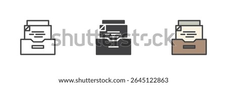 Archive report tray icon with document stack in line, solid, and colorful filled outline style. Vector office file storage or paper organization symbol icon.