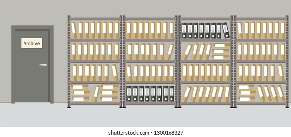 Archive. The room for storage of documents. Interior. There are racks with folders on a door background in the picture. Vector