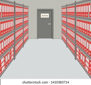 Archive. The room for storage of documents. Interior. There are racks with red folders and a door with a sign "Archive" in the picture. Vector illustration