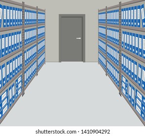 Archive. The room for storage of documents. Interior. There are racks with blue folders and a door in the picture. Vector illustration