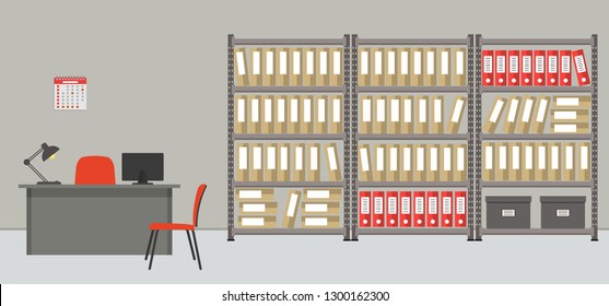 Archive. The room for storage of documents. The workplace of the archivist. There are shelves with folders, a desk, a computer, chairs and other objects in the picture. Vector