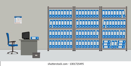 Archive. The room for storage of documents. The workplace of the archivist. There are shelves with blue folders, a desk, a computer, chairs and other objects in the picture. Vector illustration