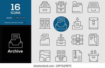 Archivar conjunto de iconos de esquema relacionados con el análisis, infografía, análisis. Trazo editable. Ilustración vectorial. 