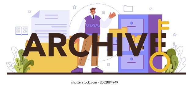 Archive typographic header. Archive administrator managing and maintaining documents and other materials in company, museum or library. Information organizing. Flat vector illustration