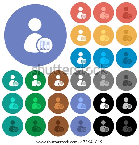 Archive user account multi colored flat icons on round backgrounds. Included white, light and dark icon variations for hover and active status effects, and bonus shades on black backgounds.