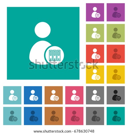 Archive user account multi colored flat icons on plain square backgrounds. Included white and darker icon variations for hover or active effects.
