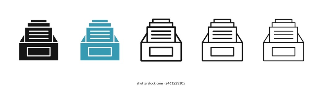 Conjunto de iconos del Vector del Archivar. Archivo de datos Carpeta Organizar signo de cuadro. Símbolo de almacenamiento de documentos. Icono de cajón de depósito de papel de Office Project para Diseños de IU.