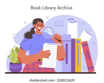 Archivist concept. Archive administrator managing and maintaining documents and other materials in company, museum or library. Information organizing. Flat vector illustration