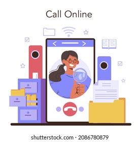Archivist online service or platform. Archive administrator managing and maintaining documents and other materials. Online call. Flat vector illustration