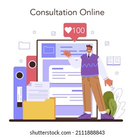 Archivist online service or platform. Archive administrator managing and maintaining documents and other materials. Online consultation. Flat vector illustration
