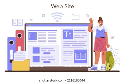 Servicio o plataforma en línea de Archivista. Administrador de archivos que administra y mantiene documentos y otros materiales. Sitio web. Ilustración vectorial plana