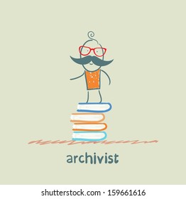 archivist stands on a pile of books