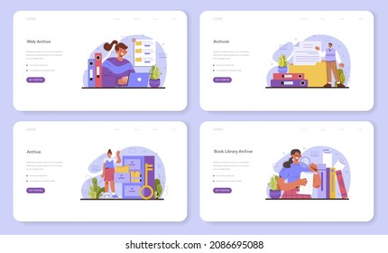 Archivist web banner or landing page set. Archive administrator managing and maintaining documents and other materials in company, museum or library. Information organizing. Flat vector illustration