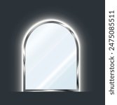 Arch-shaped mirror in a silver frame with LED lighting. Reflective glass plate. 3D vector illustration isolated on dark background. 