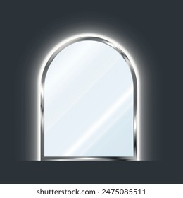 Arch-shaped mirror in a silver frame with LED lighting. Reflective glass plate. 3D vector illustration isolated on dark background. 