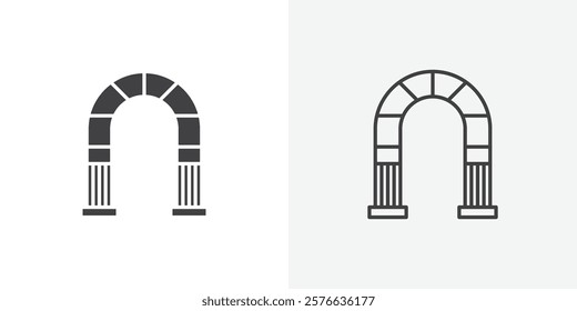 Archway icon set in black flat solid and outlined style.