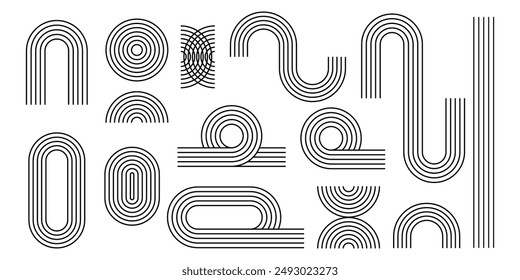 Archway and round lines and shapes. Arch, circle and semicircle geometric figures in trendy boho style. Minimalistic design elements for modern templates. Vector graphic illustration.