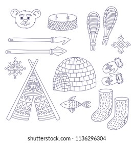 Arctic alaska eskimo north people traditional symbols line doodle vector set