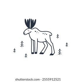 Arctic animal. Doodle Forest elk. Northern cute inhabitant. Character in snow forest. T-shirt print, card or poster. Childish and baby decorative cute cartoon flat isolated north fauna illustration