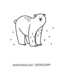 Arctic animal. Doodle Polar bear. Northern cute inhabitant. Character in snow forest. T-shirt print, card or poster. Childish and baby decorative cute cartoon flat isolated north fauna illustration