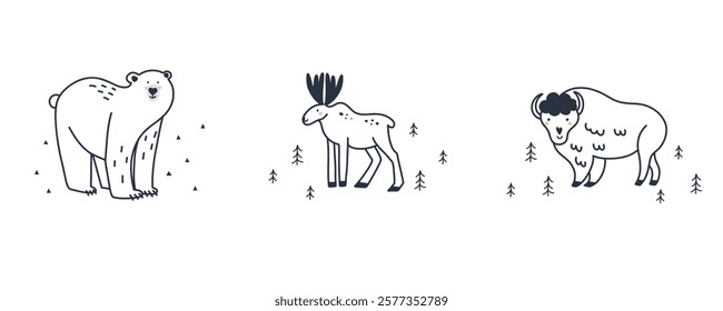 Arctic animal. Doodle Polar bear. Northern cute inhabitant. Character in snow forest. T-shirt print, card or poster. Childish and baby decorative cute cartoon flat isolated north fauna illustration