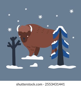 Arctic animal. Forest bison. Northern cute inhabitant. Character in snow. T-shirt print, card or poster. Childish and baby decorative cute cartoon flat isolated north wildlife fauna illustration