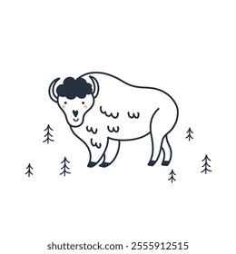 Arctic animal. Forest bison. Northern cute inhabitant. Character in snow. T-shirt print, card or poster. Childish and baby decorative cute cartoon flat isolated north wildlife fauna illustration