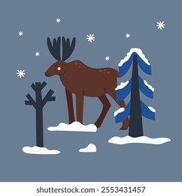 Arctic animal. Forest elk. Northern cute inhabitant. Character in snow. T-shirt print, card or poster. Childish and baby decorative cute cartoon flat isolated north wildlife fauna illustration