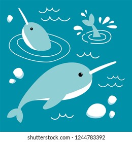 Arctic animal, illustration in flat style, polar narwhal