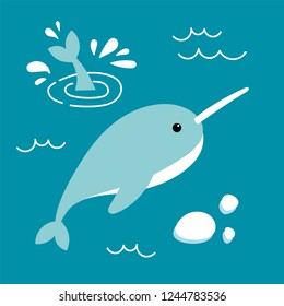 Arctic animal, illustration in flat style, polar narwhal