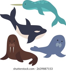 Arctic Animal, Orca, Narwhal, Seal and Walrus Cute Illustration.