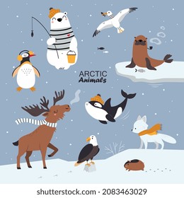 Arctic Animal with Penguin in Earmuffs and Polar Bear in Warm Knitted Hat with Fishing Rod Vector Illustration