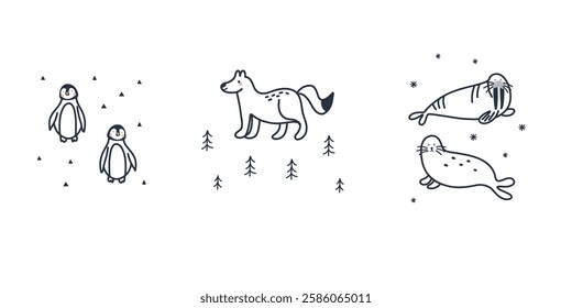 Arctic animal. Penguin, fox and walrus. Northern cute inhabitant. Character in snow forest line. T-shirt print card or poster. Childish and baby outline cute cartoon flat isolated north wildlife fauna