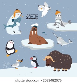 Arctic Animal with Penguin and Polar Bear in Warm Knitted Hat Vector Illustration