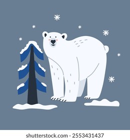 Arctic animal. Polar bear. Northern cute inhabitant. Character in snow forest. T-shirt print, card or poster. Childish and baby decorative cute cartoon flat isolated north wildlife fauna illustration