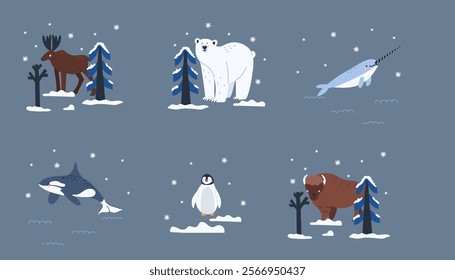 Arctic animal. Polar bear. Northern cute inhabitant. Character in snow forest. T-shirt print, card or poster. Childish and baby decorative cute cartoon flat isolated north wildlife fauna illustration