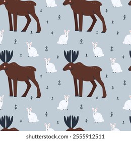 Arctic animal seamless pattern. Forest elk. Northern cute inhabitant. Textile, wrapping paper, wallpaper design. Print for fabric . Childish and baby cute cartoon isolated north wildlife background