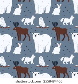 Arctic animal seamless pattern. Forest elk, polar bear. Northern cute inhabitant. Textile, wrapping paper, wallpaper design. Print for fabric. Baby cute cartoon isolated north wildlife background